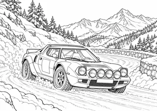 لوحة تلوين أفقية بالأبيض والأسود تصور Lancia Stratos · مونت كارلو، بلا شعارات أو أسماء رعاة مرسومة.