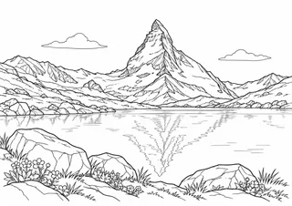 Colouring page of the Matterhorn reflected in an Alpine lake