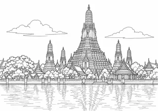Black-and-white landscape colouring page of Wat Arun on the Chao Phraya