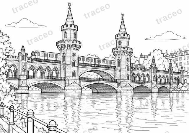 Berlin · Oberbaumbrücke · Planșă de colorat pentru adulți
