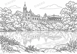 Black-and-white drawing of Belvedere Castle, watermarked preview