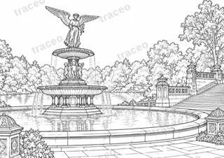 Black-and-white drawing of Bethesda Fountain, watermarked preview