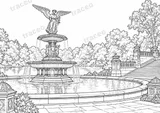Black-and-white drawing of Bethesda Fountain, watermarked preview