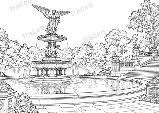 Schwarz-Weiß-Zeichnung von Bethesda-Brunnen; Vorschau mit Wasserzeichen.