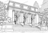 Black-and-white drawing of New York Public Library, watermarked preview