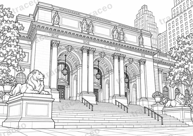Black-and-white drawing of New York Public Library, watermarked preview