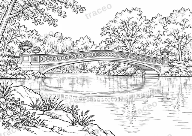 Dibujo en blanco y negro de Bow Bridge, vista previa con marca de agua