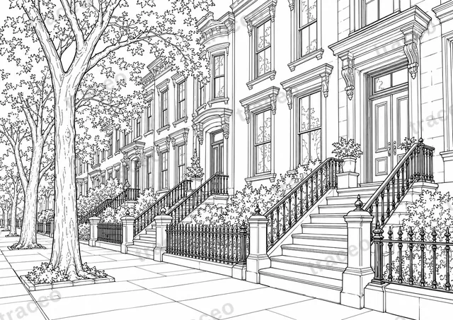 Dibujo en blanco y negro de Brownstones de Brooklyn Heights, vista previa con marca de agua