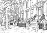 Black-and-white drawing of Brooklyn Heights brownstones, watermarked preview