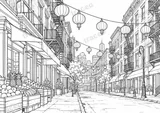 Black-and-white drawing of A Chinatown street, watermarked preview