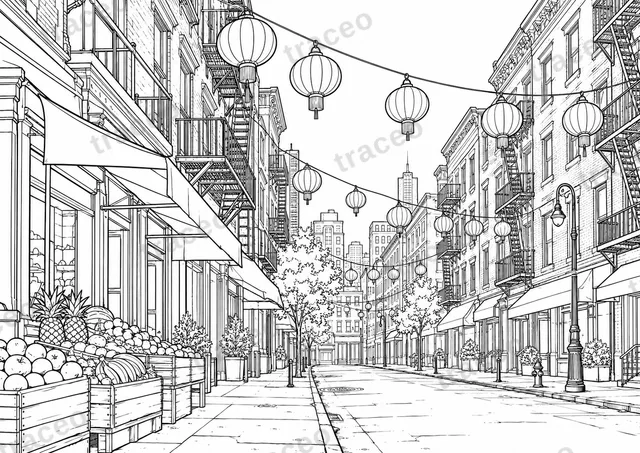 Disegno in bianco e nero di Una strada di Chinatown; anteprima con filigrana.