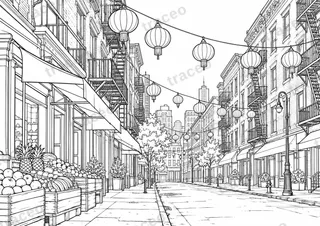 Black-and-white drawing of A Chinatown street, watermarked preview