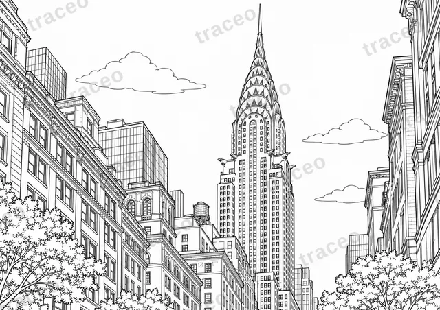 Disegno in bianco e nero di Chrysler Building; anteprima con filigrana.
