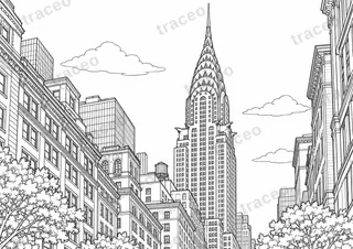 Black-and-white drawing of Chrysler Building, watermarked preview