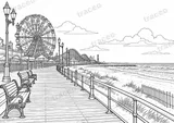 Black-and-white drawing of Coney Island boardwalk, watermarked preview