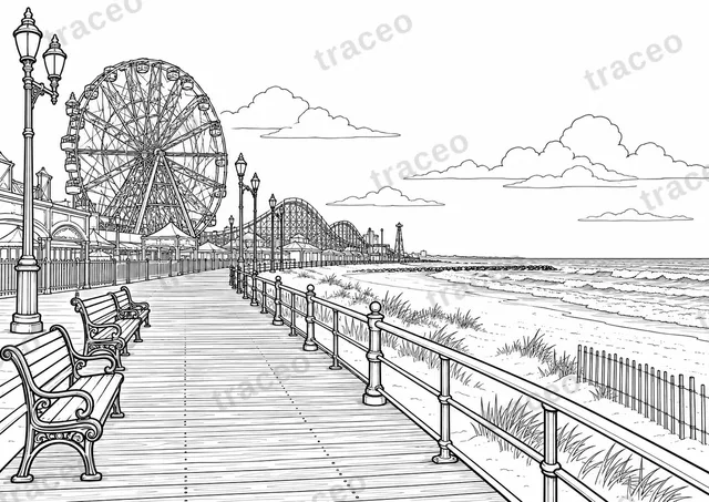 Desenho a preto e branco de Passeio Marítimo de Coney Island; vista prévia com marca de água.
