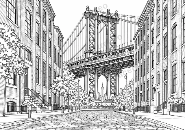 Dibujo en blanco y negro de DUMBO y el Manhattan Bridge, vista previa con marca de agua