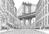 Black-and-white drawing of DUMBO and Manhattan Bridge, watermarked preview