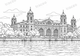 Black-and-white drawing of Ellis Island, watermarked preview