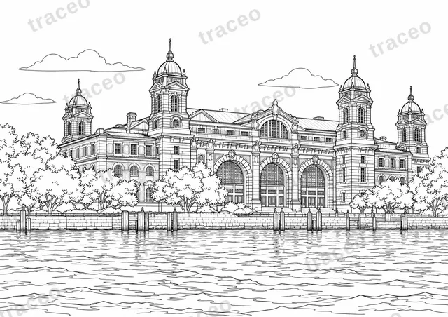 Black-and-white drawing of Ellis Island, watermarked preview