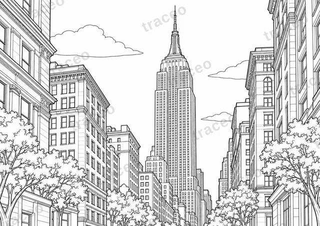 Disegno in bianco e nero di Empire State Building; anteprima con filigrana.