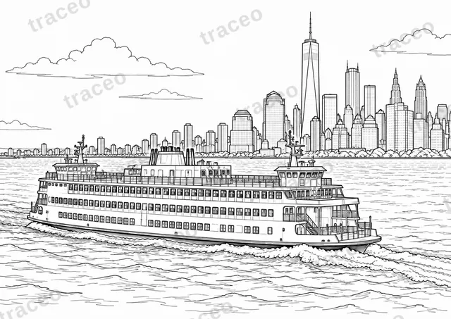 Black-and-white drawing of Staten Island Ferry, watermarked preview