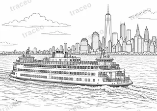 Black-and-white drawing of Staten Island Ferry, watermarked preview