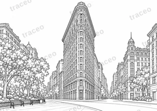 Black-and-white drawing of Flatiron Building, watermarked preview