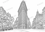 Black-and-white drawing of Flatiron Building, watermarked preview