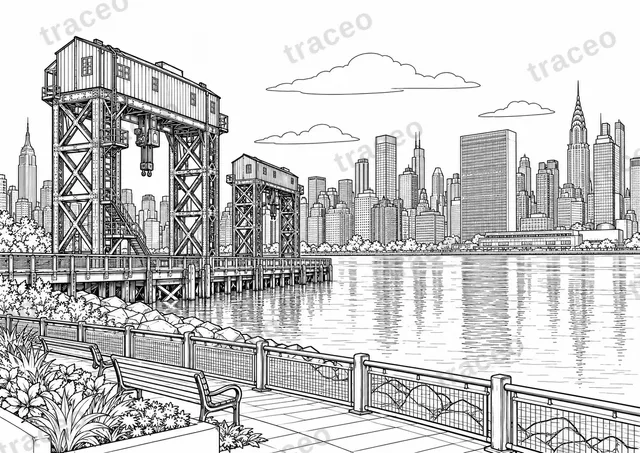 Black-and-white drawing of Gantry Plaza and the East River, watermarked preview
