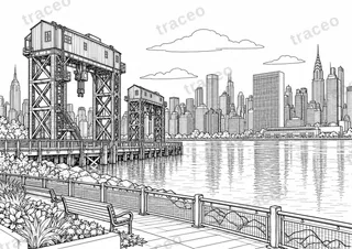 Black-and-white drawing of Gantry Plaza and the East River, watermarked preview