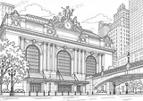 Black-and-white drawing of Grand Central Terminal, watermarked preview