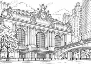Black-and-white drawing of Grand Central Terminal, watermarked preview
