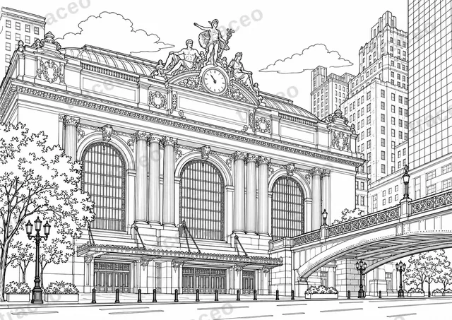 Dibujo en blanco y negro de Grand Central Terminal, vista previa con marca de agua