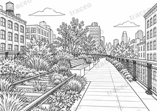 Black-and-white drawing of A walk on the High Line, watermarked preview