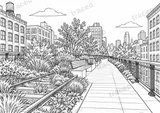 Black-and-white drawing of A walk on the High Line, watermarked preview