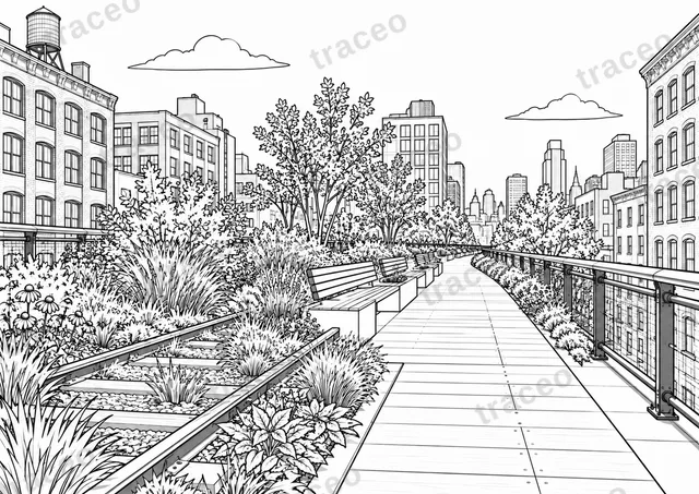 Black-and-white drawing of A walk on the High Line, watermarked preview