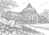 Black-and-white drawing of Botanical Garden conservatory, watermarked preview