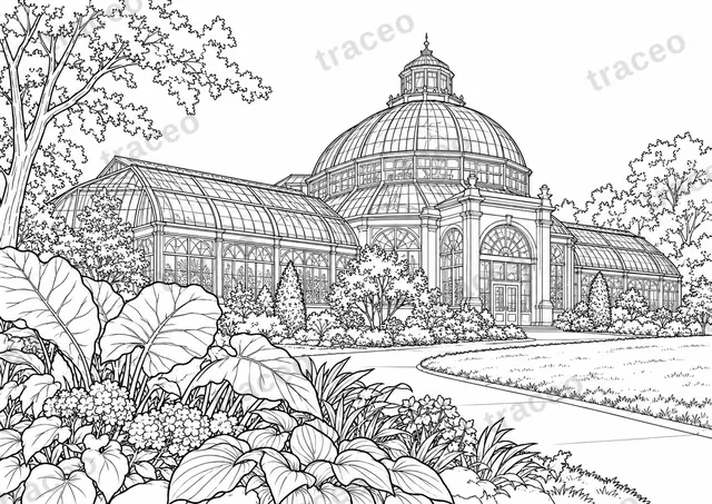 Desenho a preto e branco de Estufa do Jardim Botânico; vista prévia com marca de água.