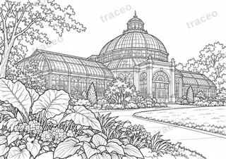 Black-and-white drawing of Botanical Garden conservatory, watermarked preview