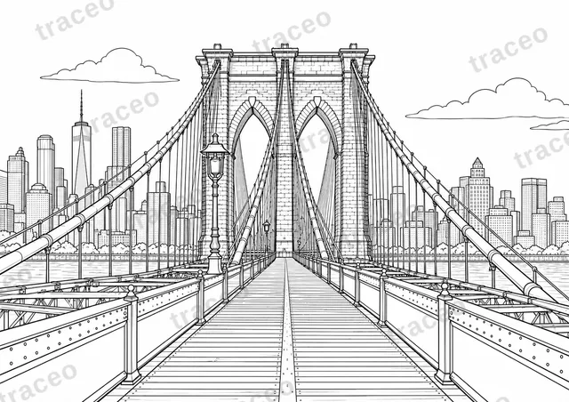 Black-and-white drawing of Brooklyn Bridge, watermarked preview