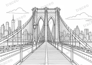 Black-and-white drawing of Brooklyn Bridge, watermarked preview