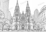 Black-and-white drawing of St Patrick’s Cathedral, watermarked preview
