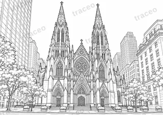 Black-and-white drawing of St Patrick’s Cathedral, watermarked preview