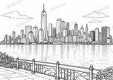 Black-and-white drawing of Lower Manhattan skyline, watermarked preview