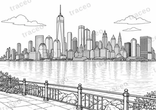 Black-and-white drawing of Lower Manhattan skyline, watermarked preview