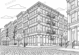 Black-and-white drawing of SoHo façades, watermarked preview