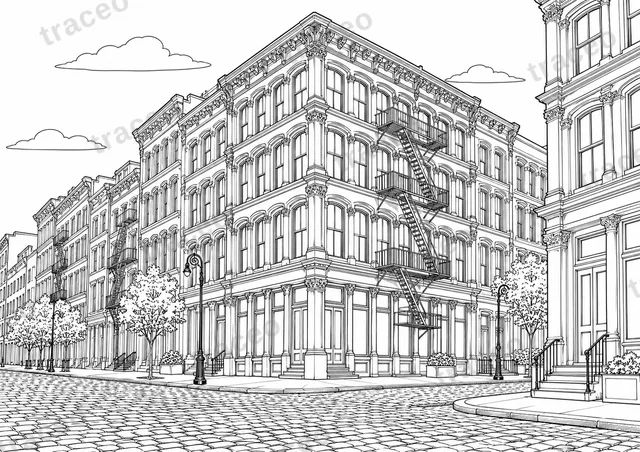 Dessin en noir et blanc de Façades SoHo ; aperçu avec filigrane.