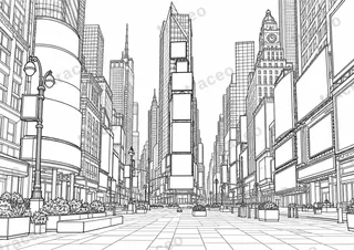 Black-and-white drawing of Times Square, watermarked preview