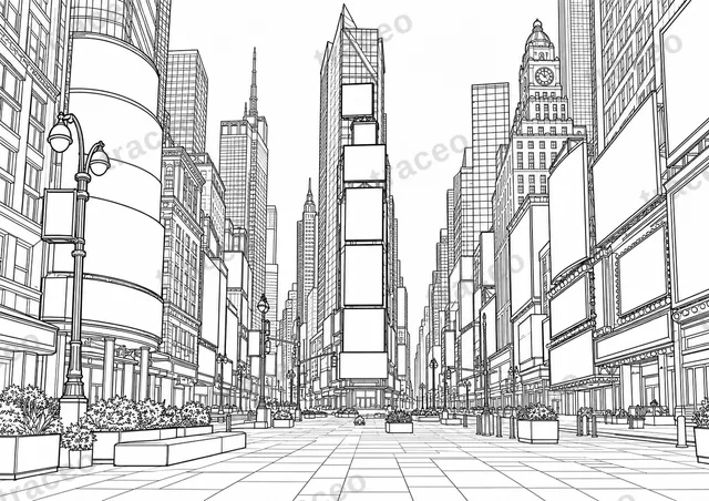 Black-and-white drawing of Times Square, watermarked preview